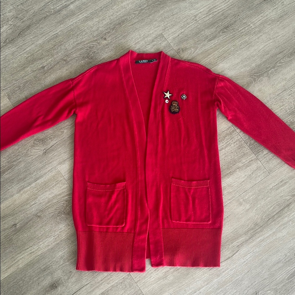 Ralph Lauren Red Cardigan with Pockets and Embellishments